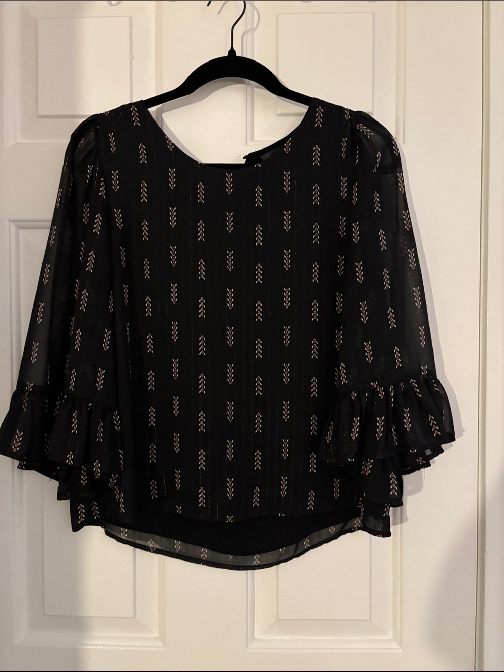 Aqua Black Sheer Blouse with Gold Metallic Motif